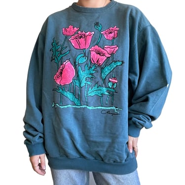 Vintage 90s Womens Oversized Floral Graphic Cotton Crewneck Sweatshirt Sz XL 