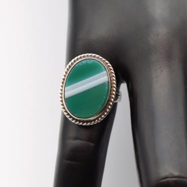 70's striped green agate 925 silver size 5 ring, simple flat oval stone in sterling hippie solitaire 