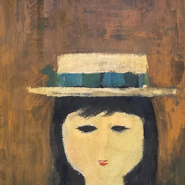 Folk Art Woman With Hat Gold Frame