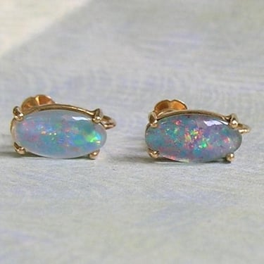 Vintage 14k Gold and Opal Screwback Earrings, Yellow Gold and Opal Earrings, 14k Gold and Opal Screwback Earrings (#4575) 