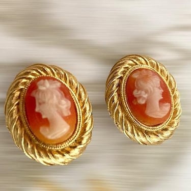Vintage Pair of Cameo Clip on Gold Tone Earrings by LeChalet