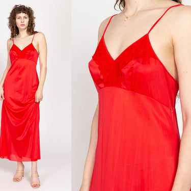 Medium 80s Red Maxi Nightgown | Vintage Lace Trim Negligee Nightie Slip Dress 