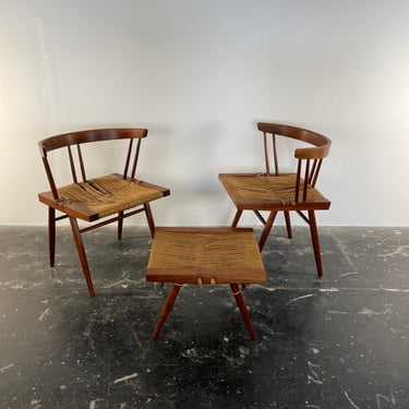 Set of George Nakashima Studio Grass Seated Chairs and Stool