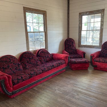 Vintage Mid-Century Modern Rowe Sofa And Chair Set, retro red and Black Upholstery couch, Red Velour couch, funky living room furniture 