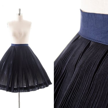 Vintage 1950s Circle Skirt | 50s Navy Blue Finely Fortuny Pleated Formal Evening Swing Skirt (large) 
