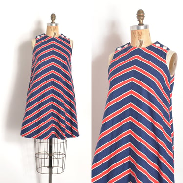 Vintage 1960s Dress / 60s Chevron Striped Mini Dress / Blue Red ( S M ) 