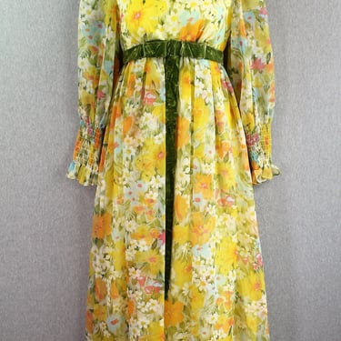 1960s, Yellow Floral, Puff Sleeve, High Collar, Organza Formal, Party Dress, Size 0/2 