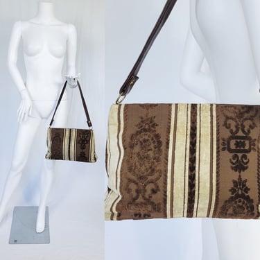 Cara 1970's Brown Cream Stripe Velvet Tapestry Bag I Purse I Adjustable Strap I Shoulder Bag 