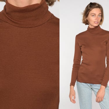 Turtleneck Shirt Brown Shirt 80s Top Long Sleeve Shirt 1980s Funnel Retro Funnel Turtle Neck Top Vintage Simple Plain Small 