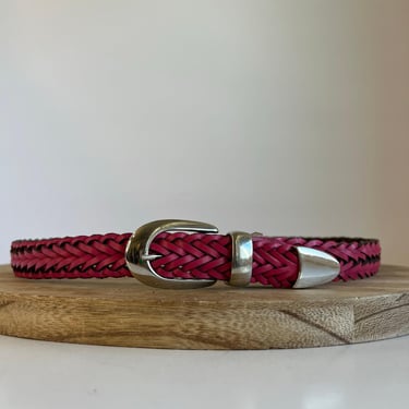 Vintage 90s Pink Woven Genuine Leather Silver Tipped Buckle Belt Size Medium 
