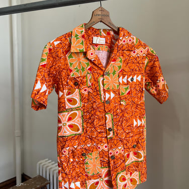 60’s neon orange & green barkcloth Hawaiian button down shirt 