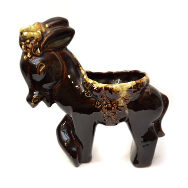 Vintage Mid Century McCoy Art Pottery Donkey Brown Drip Planter USA 10