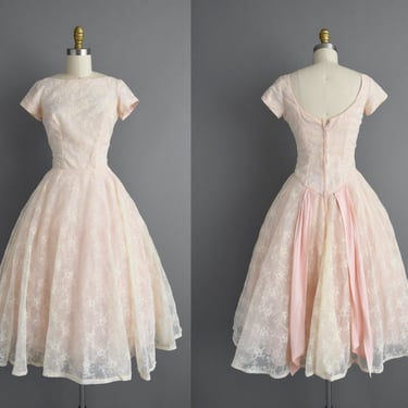 vintage 1950s dress | Pastel Pink Floral Flocked Sweeping Full Skirt Bridesmaid Wedding Dress | Medium | 50s dress 
