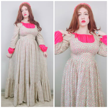 1970s Vintage Pale Yellow and Pink Homemade Prairie Dress / 70s / Seventies Romantic Calico Floral Maxi Gown / Size Large 
