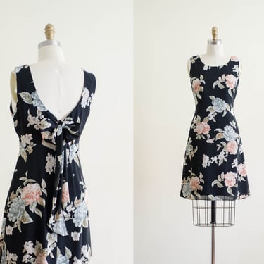 black floral slip dress | 90s Donna Ricco chiffon low back keyhole bowtie sleeveless vintage mini dress 