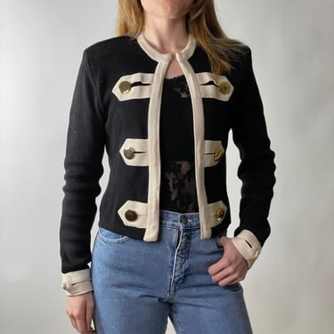 Vintage Black and White Military Style Militia Cardigan Sweater 