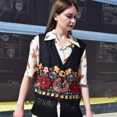 FLORAL FRINGE Vintage 90s Black Colorful Embroidered Linen Vest Top Sz M to Large 