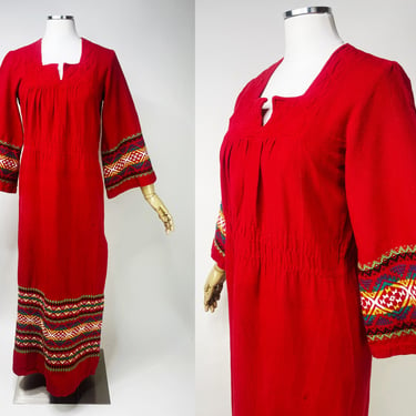 1970s Red 100% Cotton Guatemala Dress w Colorful Embroidered Bell Sleeves S/M | Prairie, Primitive, Hippie, Comfy, Casual, Quilted 