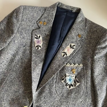 Vintage Bijan Beverly Hills Italian Made Blue Tweed Embroidered Embellished Blazer 