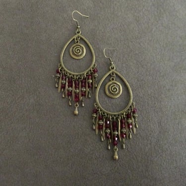 Antique bronze earrings, bohemian chandelier earrings, purple crystal earrings, large earrings, ethnic boho earrings, artisan earrings 