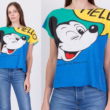 80s Mickey Mouse All-Over Print T Shirt - One Size | Vintage "Hello Bye Bye" Disney Cartoon Distressed Graphic Tee 