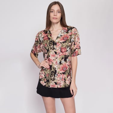 Vintage Floral Lily Print Rayon Blouse Large | 80s 90s Boho Grunge Button Up Short Sleeve Collared Top 
