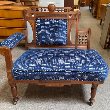 Item #DMC45 Edwardian Mahogany & Walnut Upholstered Bench c.1910