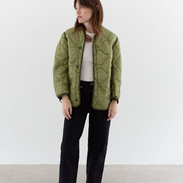 Vintage Celery Green Liner Jacket | Unisex Wavy Quilted Nylon Coat | XS S | LI185 