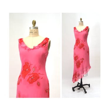 Vintage 00s Y2K Bias Cut pink Silk Dress By Bob Mackie Ruffle Beaded Pink Floral Print Silk Bias Cut Tank Dress Small Medium Asymmetrical 