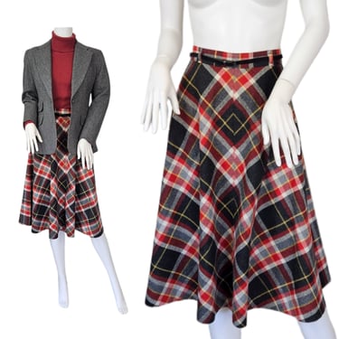 College Town 1970's Red Grey Plaid A Line Skirt i Sz Med I Belted I W: 30" 