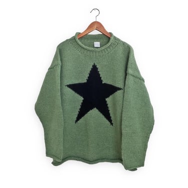 vintage star sweater / oversize sweater / 1990s olive green black star wool knit baggy grunge sweater XL 