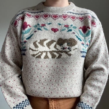 Eddie Bauer Vintage Womens 1990s Cat Novelty Wool Cottagecore Folk Sweater Sz S 