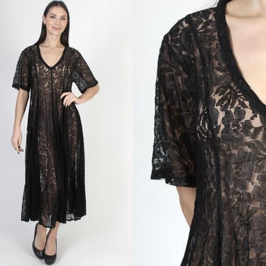 90s Black Lace Grunge Dress, Sheer Gothic Sundress, See Through Floral Gypsy Style, Full Skirt Goth Maxi 