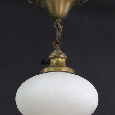 1930s Brass Foyer Textured Glass Shade Pendant Light