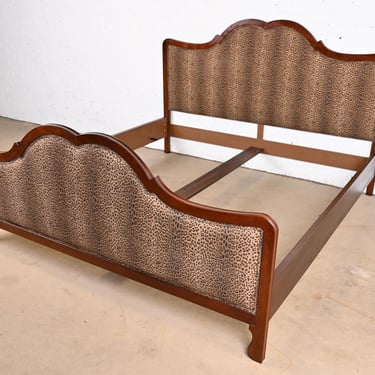 Baker Furniture French Provincial Carved Mahogany and Leopard Print Upholstered King Size Bed