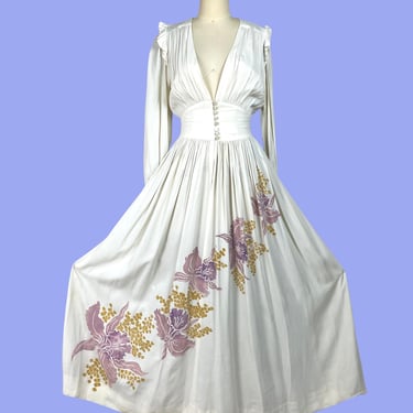 Vintage 1940s Rayon Hawaiian Painted Hibiscus Printed Hoy Mercer Hostess Gown Dress Honolulu 