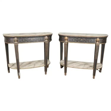 Pair of Antique Faux Marble Paint Decorated French Directoire Console Tables