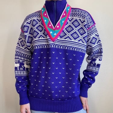 Vintage 80s Obermeyer Purple Neon Wool Blend Fair Isle Ski Retro Sweater Sz M 