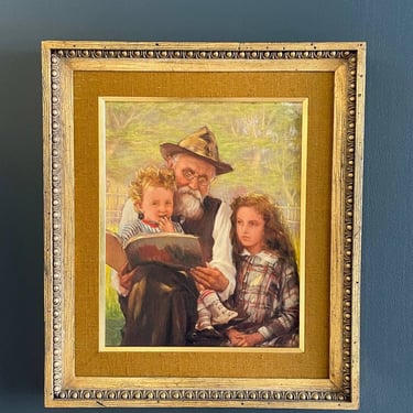 Vintage Portrait Painting of Family Reading, c.1950’s 