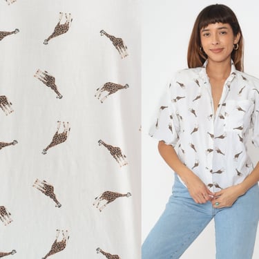 90s Giraffe Print Button-Up Shirt White Short Sleeve Animal Pattern Blouse Vintage 1990s Casual Chic Relaxed Fit Top Medium 