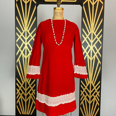 1960s mod dress, red velveteen, vintage 60s dress, bell sleeve, hippie dress, holiday, a-line, small medium, velvet mini, 27 waist, retro 
