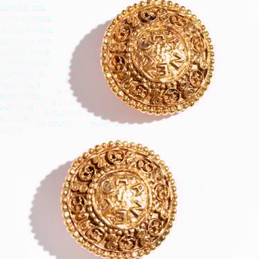 CHANEL 80s Gold Textured Medallion Clip On Earrings