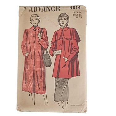 Vintage 40s Sewing Pattern ORIGINAL:  Swing Coat & Jacket Peter Pan Collar Advance 4814 Bust 32 