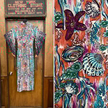 Vintage 1940’s Original Kamehameha Underwater Tiki Batwing Pake Muu Rayon Hawaiian Dress, Vintage Pake Muu, Hawaiian Dress, Tiki Dress, 1940 