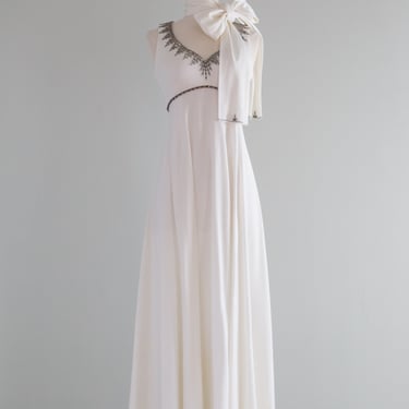 Ethereal 1970's White Wedding Dress With Beaded Neckline &amp; Scarf / Small