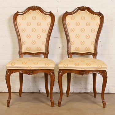 Karges French Provincial Louis XV Carved Walnut Side Chairs or Dining Chairs, Pair