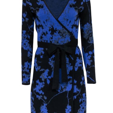 Diane von Furstenberg - Blue, Black & Grey Floral Merino Wool Knit Wrap Dress Sz P