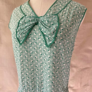 1920s 30s Green Deco Feedsack Drop Waist Cotton Shift Dress Size S / M 