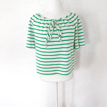 70s/80s White and Green Striped Boatneck Tee with Keyhole Tie | Large/Extra Large 