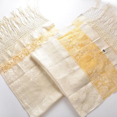 2 SET Czechoslovakia Damask Silk Vintage Tablecloth Runners Ivory Gold Fringe Linen Butterflies & Roses Art Deco Mid Century Antique Fabric 